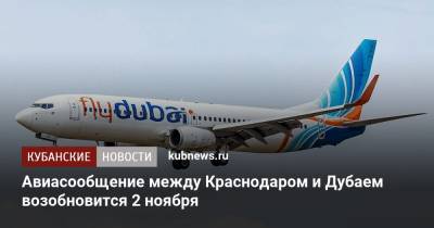 Авиасообщение между Краснодаром и Дубаем возобновится 2 ноября - kubnews.ru - Краснодарский край - Эмираты - Краснодар